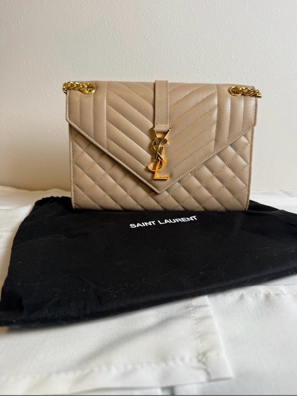 Saint Laurent Taupe Quilted Leather Shoulder Bag with Gold YSL Hardware
